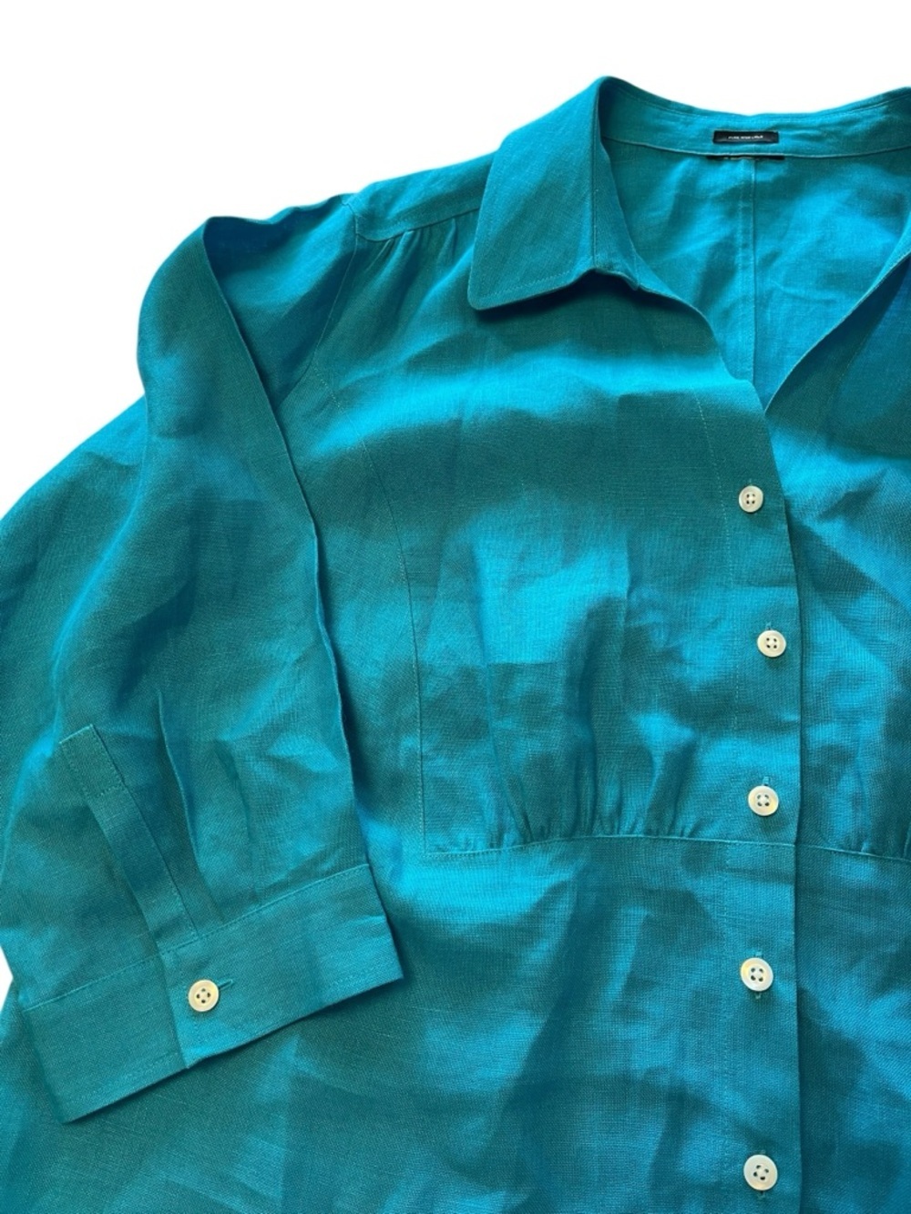 Irish Linen Turquoise Collared Blouse Button Front Cinched Waist 2X - Picture 4 of 11